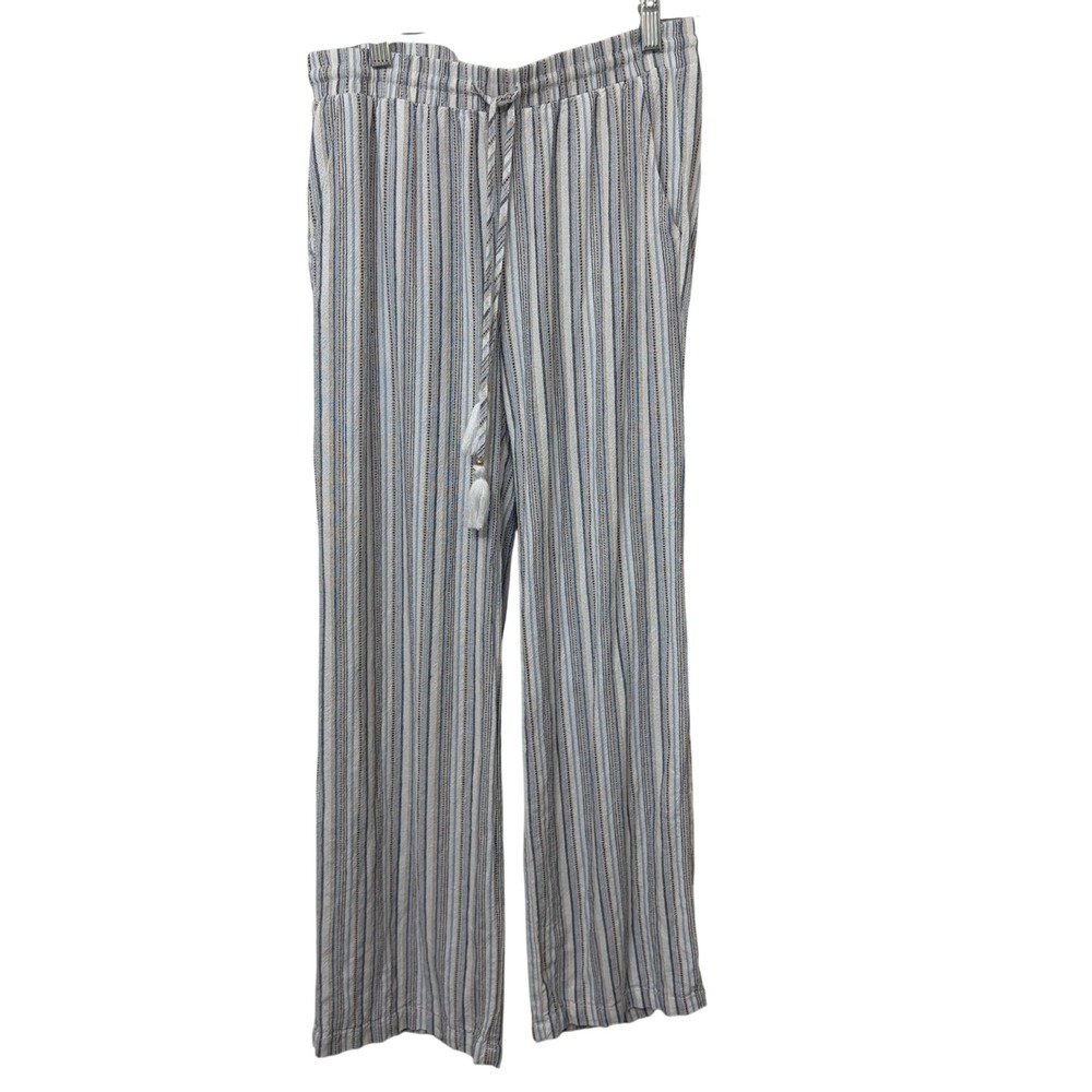 Ellen Tracy Womens Blue Striped Linen Blend Wide Leg Tassel Pants Small ETWS2018
